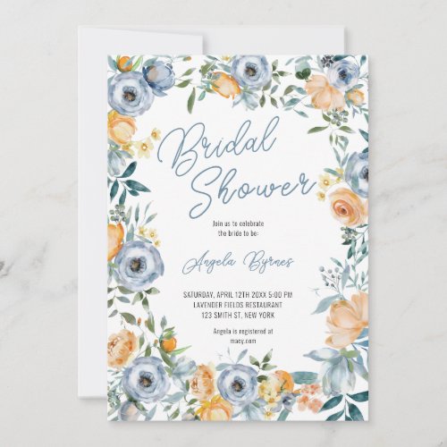 Watercolor Apricot Pastel Blue Wild Flowers  Invitation