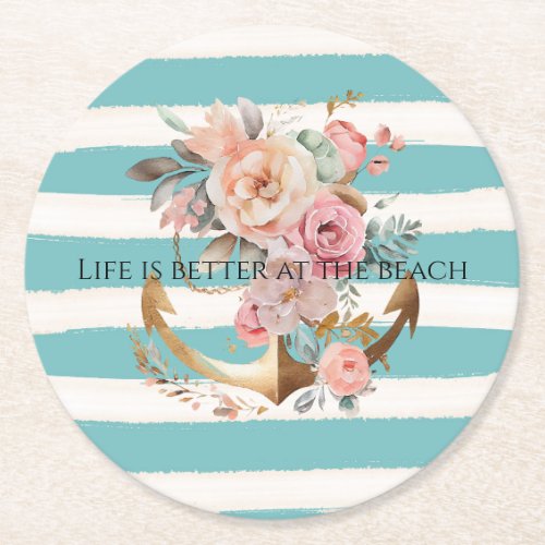 Watercolor Aqua Beach Stripes Floral Anchor Round Paper Coaster