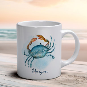 Watercolor Aqua Blue Crab Personalized Coastal Coffee Mug