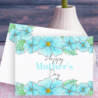 Watercolor Aqua Blue Flowers Greenery Mother's Day