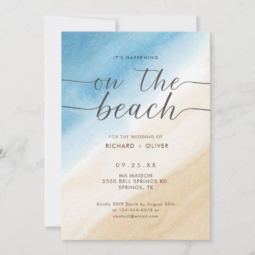 Watercolor Aqua Blue On The Beach Wedding Invitation