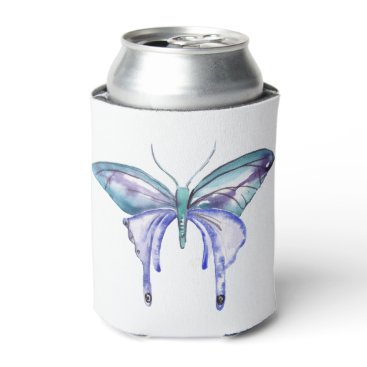 watercolor aqua blue purple butterfly can cooler