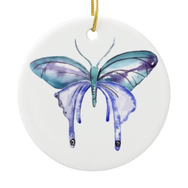 watercolor aqua blue purple butterfly ceramic ornament
