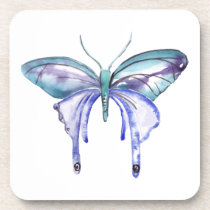 watercolor aqua blue purple butterfly drink coaster