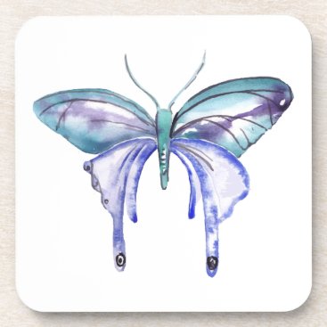 watercolor aqua blue purple butterfly drink coaster