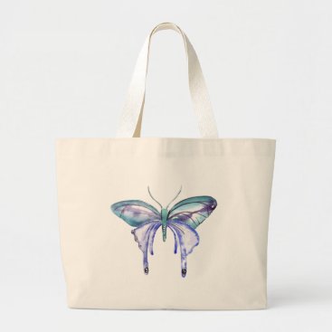 watercolor aqua blue purple butterfly large tote bag