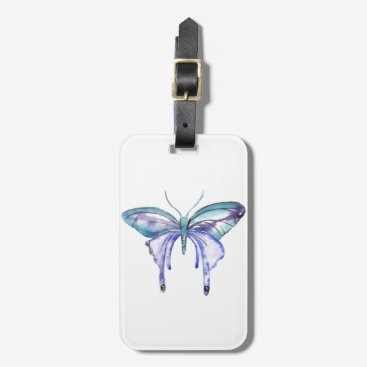 watercolor aqua blue purple butterfly luggage tag