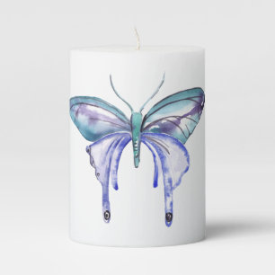 watercolor aqua blue purple butterfly pillar candle
