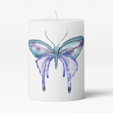 watercolor aqua blue purple butterfly pillar candle