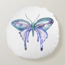 watercolor aqua blue purple butterfly round pillow