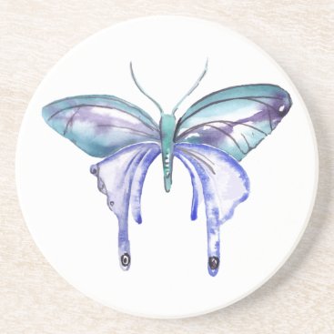 watercolor aqua blue purple butterfly sandstone coaster