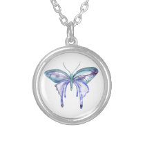 watercolor aqua blue purple butterfly silver plated necklace