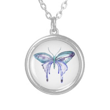 watercolor aqua blue purple butterfly silver plated necklace