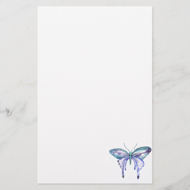 watercolor aqua blue purple butterfly stationery (Front)