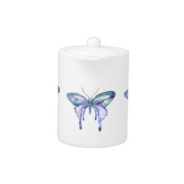 watercolor aqua blue purple butterfly teapot