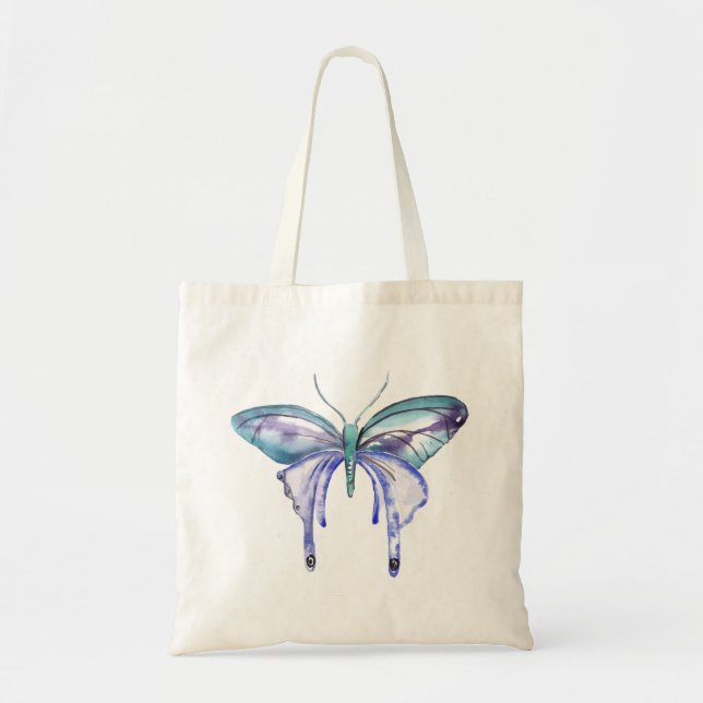 watercolor aqua blue purple butterfly tote bag (Front)