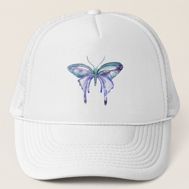watercolor aqua blue purple butterfly trucker hat (Front)