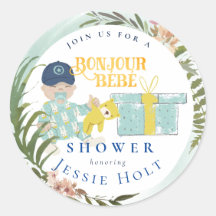 Watercolor Aqua Bonjour Boy BabyClassic Round