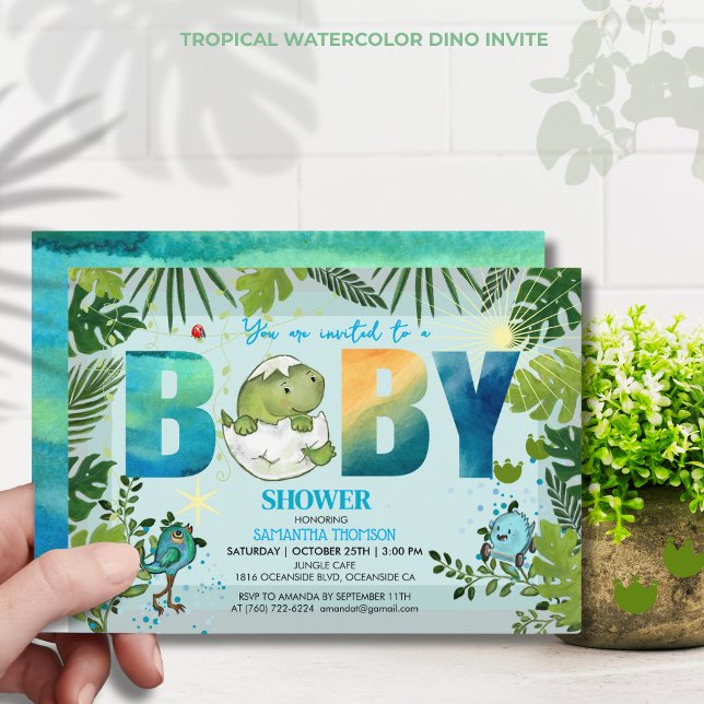 Watercolor Aqua Dino Tropical Leaves Baby Shower  Invitation ( Watercolor Aqua Dino Tropical Leaves Baby Shower Invitation)