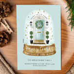 Watercolor Aqua Door Snow Globe New Home Photo Holiday Card<br><div class="desc">Let your family and friends know that you've moved to your new home this holiday season with our unique, festive, and cozy watercolor front door decorated for the holiday season with a green foliage wreath within a beautiful faux golden snow globe. Twinkling faux gold stars and falling snow add a...</div>