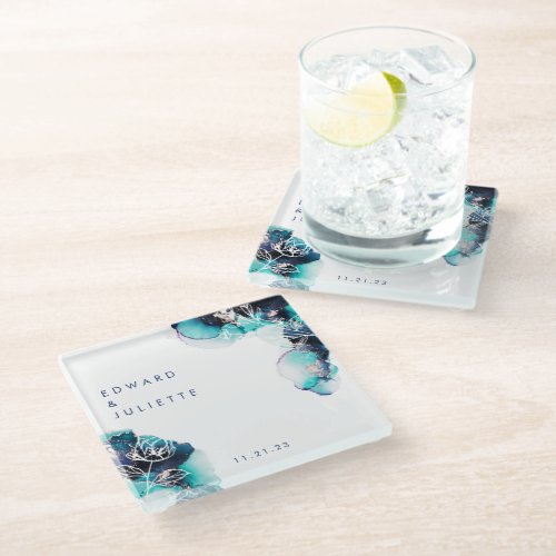 Watercolor Aqua Ink Metallic Floral Save the Date Glass Coaster