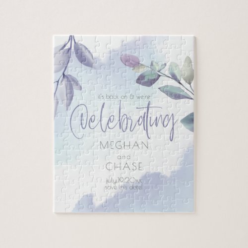 Watercolor Aqua Lilac Leaves Save the Date Jigsaw Puzzle