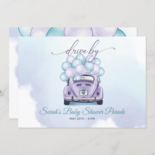 Watercolor Aqua Lilac Surprise DriveBy Baby Shower Invitation (Front/Back)