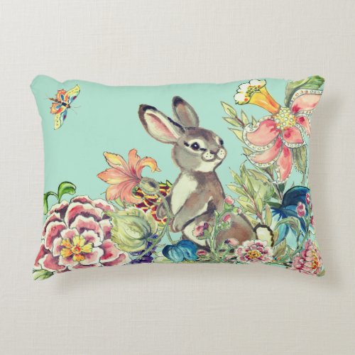 Watercolor Aqua Rabbit Flower Garden Chinoiserie Accent Pillow