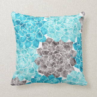 Watercolor Aqua Teal Graphite Grey Flower Collage Throw Pillow