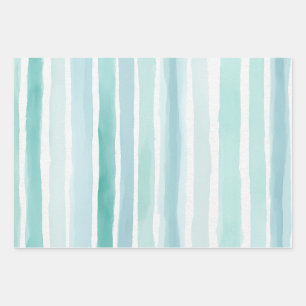 Watercolor Aqua Vertical Stripe Pattern Coastal Wrapping Paper Sheets