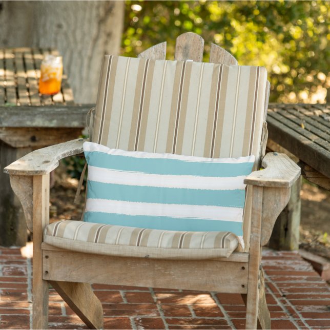 Watercolor Aqua White Beach Stripes Lumbar Pillow (Chair)