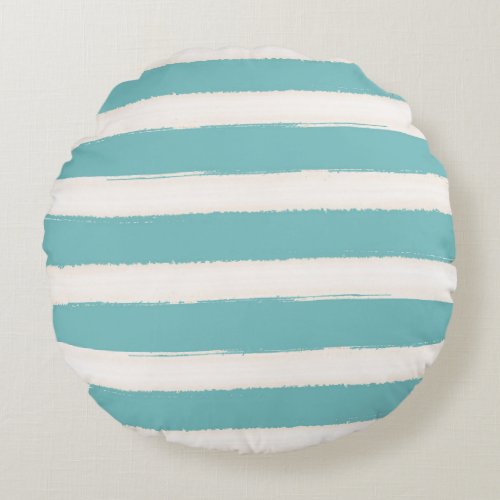 Watercolor Aqua White Beach Stripes Round Pillow