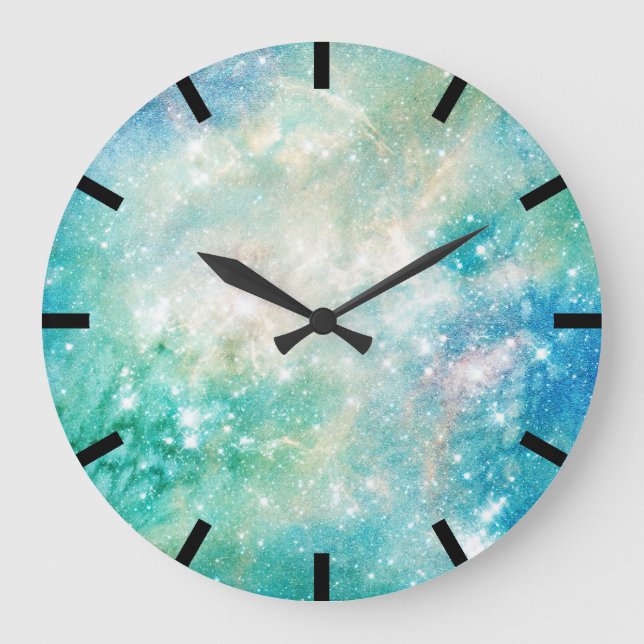 Watercolor Aquarelle Turquoise Blue Galaxy Ocean Large Clock (Front)