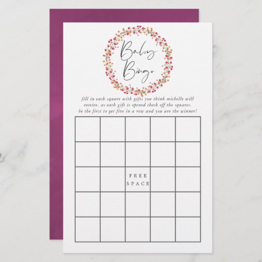 Watercolor Aquarelle Wild Flower Baby Shower Bingo (Front/Back)