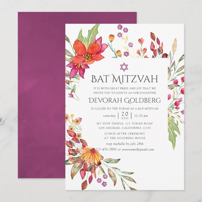 Watercolor Aquarelle Wild Flower Bat Mitzvah Invitation (Front/Back)
