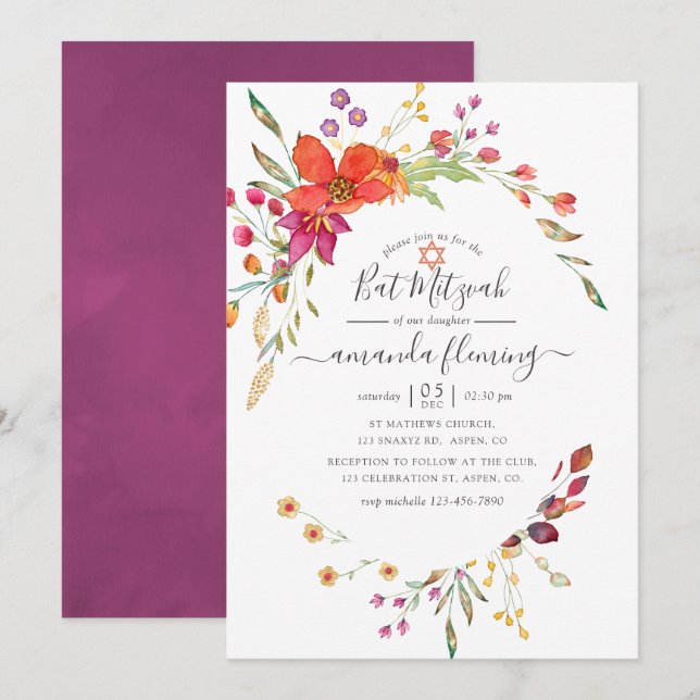 Watercolor Aquarelle Wild Flower Bat Mitzvah Invitation (Front/Back)
