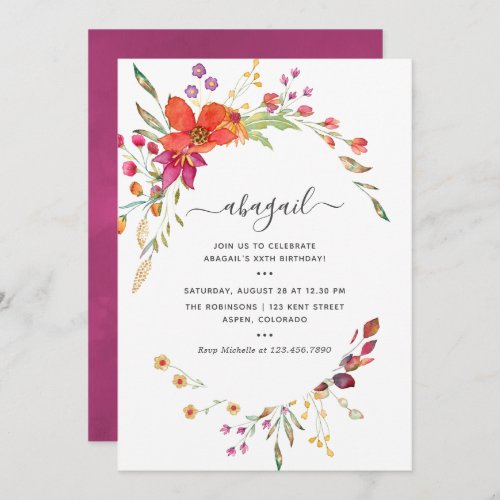 Watercolor Aquarelle Wild Flower Birthday Invitation