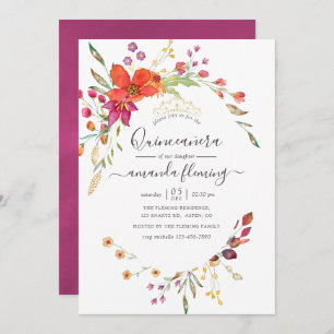 Watercolor Aquarelle Wild Flower Quinceañera Invitation