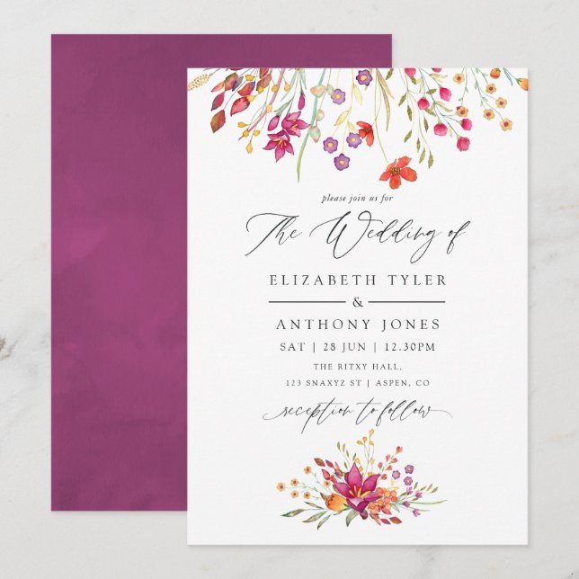 Watercolor Aquarelle Wild Flower Wedding Invitation (Front/Back)