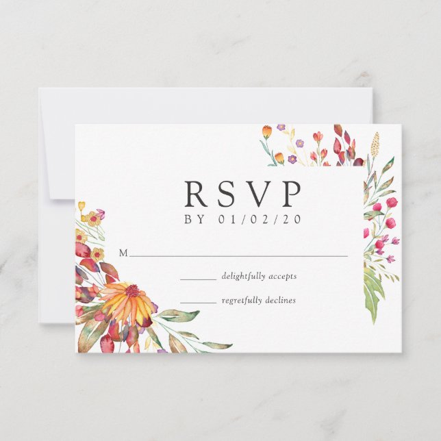 Watercolor Aquarelle Wild Flower Wedding RSVP Card (Front)