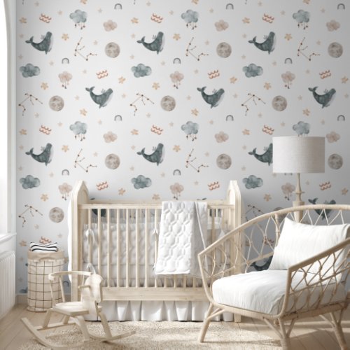 Watercolor Aquarius Zodiac Nursery Wallpaper