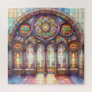 Watercolor Arch Cathedral glass soft yellow blue  Jigsaw Puzzle