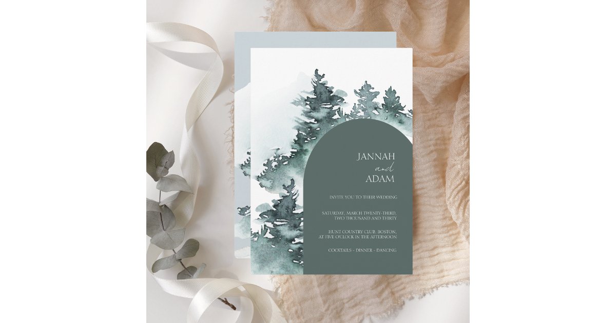 Watercolor Arched Pine Forest Winter Wedding Invitation | Zazzle