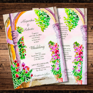 Watercolor Arches Bougainvillea Floral Wedding Invitation