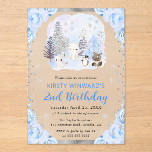 Watercolor Arctic Animals Floral 2nd Birthday Acrylic Invitations