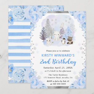 Watercolor Arctic Animals Floral 2nd Birthday Invitation