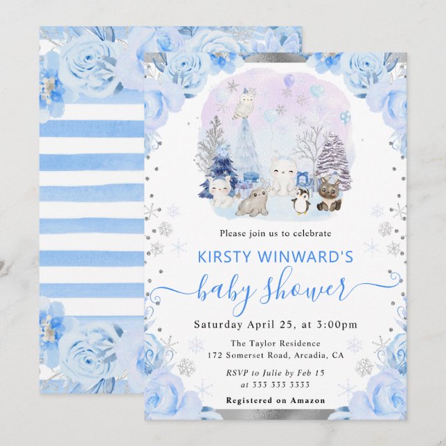 Watercolor Arctic Animals Floral Baby Shower Invitation (Front/Back)