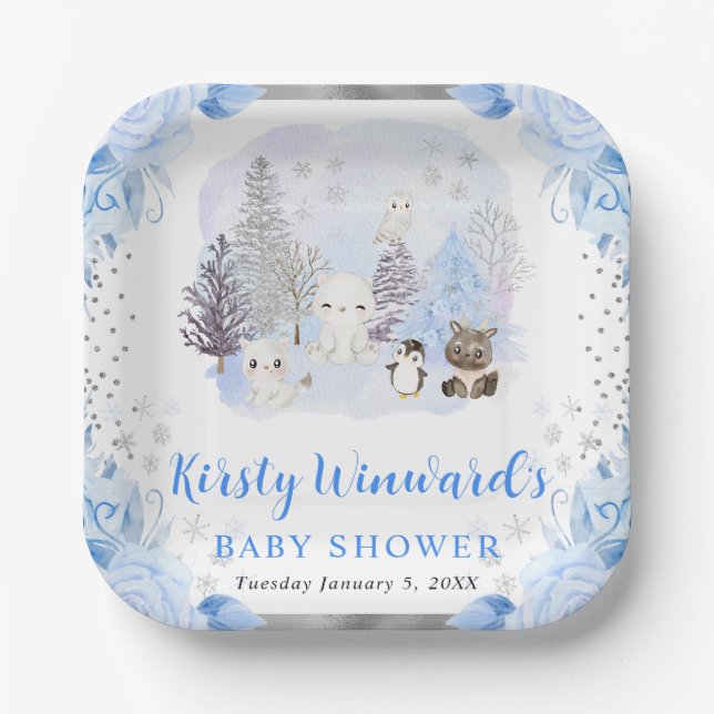 Watercolor Arctic Animals Floral Baby Shower Paper Plates (Front)