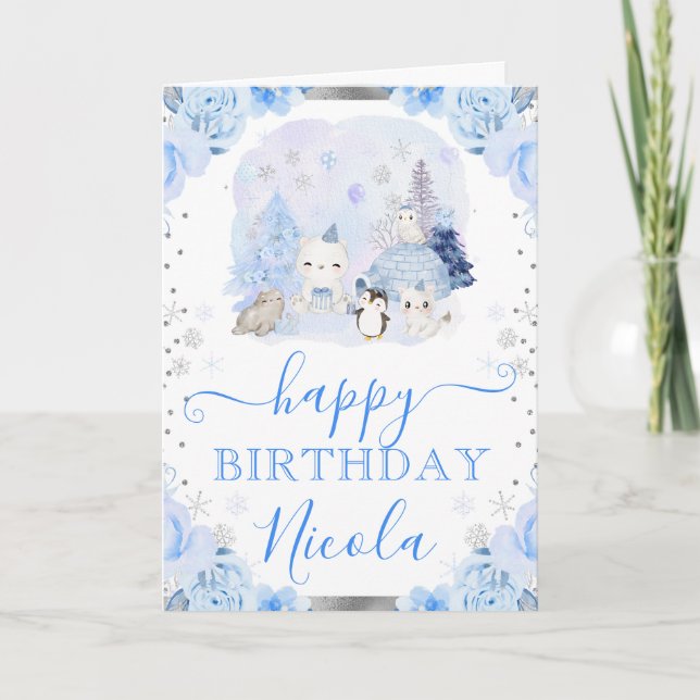 Watercolor Arctic Animals Floral Birthday Card (Front)