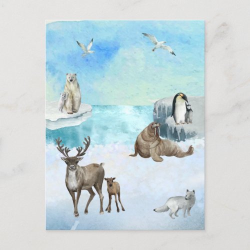 Watercolor Arctic Animals Scene  Postcard